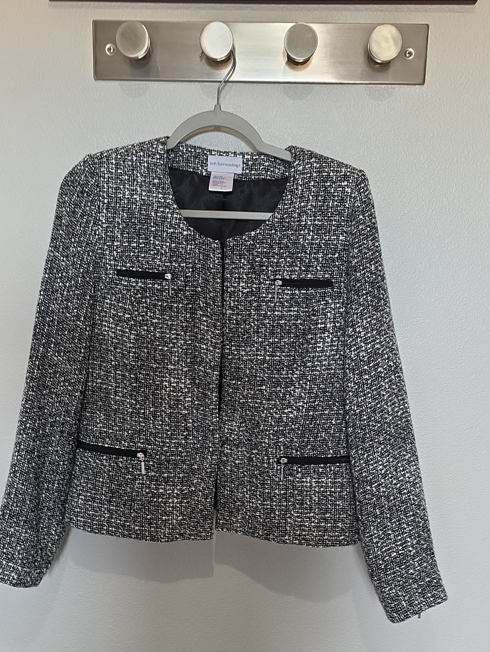 Soft Surroundings Black And White Tweed Moto Blazer S Zip Accents